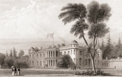 1800-talsvy av Goodwood House, West Sussex, södra England. Från Churton