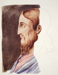 2: a århundradet porträtt av Kristus från de romerska katakomberna, ritning attri. till T. Heaphy, återgiven i The Outline of History: being a plain history of life and mankind av H.G. Wells, London (colour lith