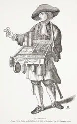 A Chapman, från The Cries and Habits of the City of London av M. Lauren, 1709, frontispiceillustration från Chap-books of the artonde århundradet av John Ashton, pub. 1882