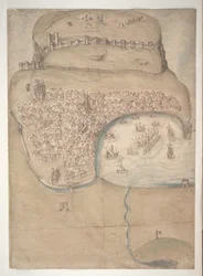 En färgad plan eller fågelperspektiv över Scarborough Town och Castle