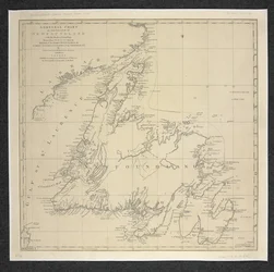 Ett allmänt diagram över ön Newfoundland med klippor och sonderingar, ritat från undersökningar tagna ... Av James Cook och Michael Lane