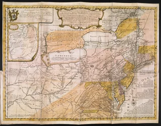 En allmän karta över de mellersta brittiska kolonierna i Amerika; nämligen. Virginia, Mariland, Delaware, Pensilvania, New-Jersey, New-York, Connecticut och Rhode Island: av Aquanishuonîgy, de konfedererade indianernas land. . . Av sjöarna Erie, Ontario oc