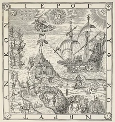 En hieroglyf av Storbritannien, frontispice till allmänna och sällsynta minnesmärken som hänför sig till den perfekta navigeringsarten av John Dee (1527-1609), 1577