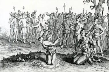 En kung av Florida rådfrågar sin magiker innan han går i strid, illustration hämtad ur Moores Resor och reseberättelser, 1778