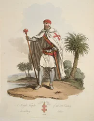 En tempelriddare, illustration ur De ursprungliga invånarna på Brittiska öarnas dräkter från de tidigaste perioderna till det sjätte århundradet, med tillägg av de gotiska nationernas dräkter på Östersjöns västra kuster, förfäderna till de Anglo