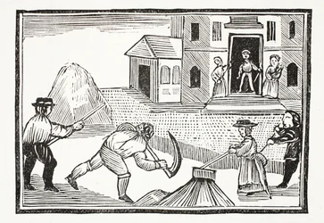 En man som klipper gräs med en lie, som tog allt före det, illustration från Chap-books of the Eighteenth Century av John Ashton, pub. 1882