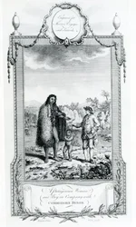 En patagonisk kvinna och pojke i sällskap med kommendör Byron, illustration hämtad ur Moores Resor och reseberättelser, 1778