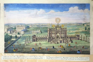 En perspektivvy av den magnifika strukturen uppförd i Green Park för Royal Fireworks, 1749