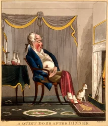 A Quiet Doze After Dinner, tryck gjord av H. Pyall, ca 1827-33 (handfärgad gravyr)