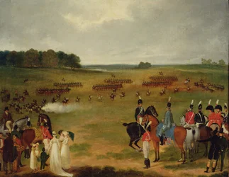 En recension av Londons frivilliga kavalleri och flygande artilleri i Hyde Park 1804, ca 1804 (olja ombord fastställd på panel)