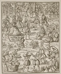 A Royal Picnic, tallrik från Noble Art of Venerie and Hunting av George Turberville, 1575 (sepiafoto)