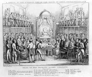 En skiss av inre beskådar av House of Lords, som föreställer rättegången mot Hennes Majestät Drottning Caroline, pub. 1820 (s/v gravyr)