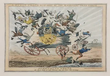 En ångbuss med en del av maskinerna som går fel, c.1825