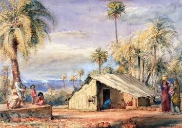 A Toddy-Drawers Hut in a Grove of Dadel Palms, Bombays presidentskap, Indien (wc på papper)