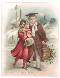Ett viktorianskt julkort av en pojke som bär en murbräda med armen runt en flicka som går genom snön, ca 1880 (färg litho)