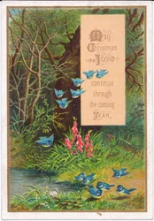 Ett viktorianskt julkort med blåa fåglar i skogsmiljö, ca 1880 (färg litho)
