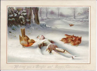 Ett viktorianskt julkort med robbins som tittar på en trädocka i snön, ca 1880 (färglitografi)