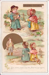 Ett viktorianskt julkort av två barn med en hare, ca 1880 (färg litho)