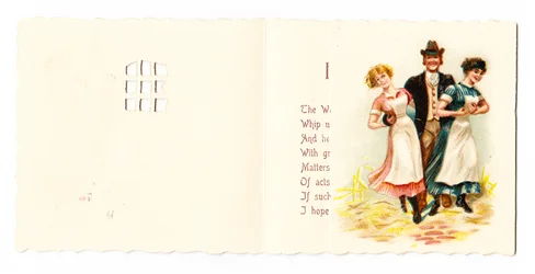 Ett viktorianskt gratulationskort av en gentleman med två pigor, cirka 1880