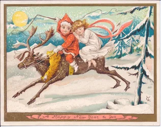 Ett viktorianskt nyårskort av en flicka- och pojkeälva på en ren på en månbelyst snöig natt, ca 1880 (färg litho)