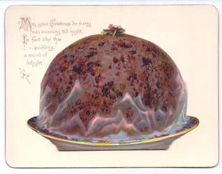 Ett viktorianskt nyårskort av en ung kvinna i änkans ogräs, ca 1880 (färg litho)