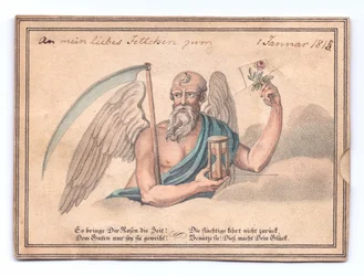 Ett viktorianskt gratulationskort av den grima skördaren med en lie och timglas som håller en ros, ca 1815 (färg litho)