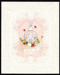 Ett viktorianskt alla hjärtans dag-kort av pappersspets med en fontän med blommor, ca 1870 (färglitografi)