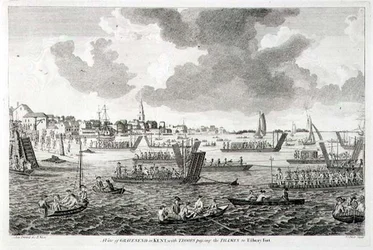En utsikt över Gravesend i Kent, med trupper som passerar Themsen till Tilbury Fort (gravyr)