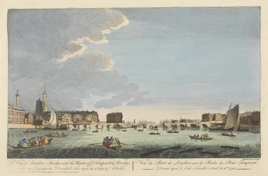 En vy över London Bridge med ruinerna av den tillfälliga bron efter branden den 11 april 1758 (färgad gravyr)