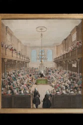 A View of the House of Lords, graverad av B. Cole (fl.1748-75) (handfärgad gravyr)