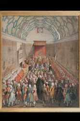 A View of the House of Lords, graverad av Benjamin Cole (fl.1748-75) c.1755 (handfärgad gravyr)