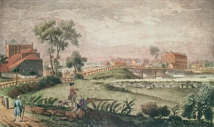 En västlig vy av Chelsea Bridge, 1761 (färggravyr)