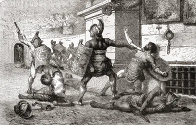 En strid mellan gladiatorer i det antika Rom, från Ward and Lock