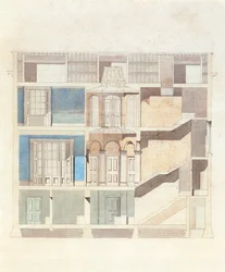 En tvärsnittsdesign för en klassisk radhusinteriör, ca 1840 (wc med penna och bläck)