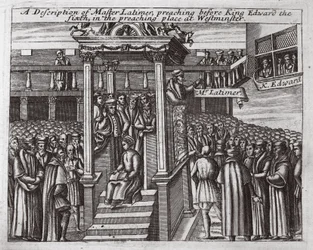En beskrivning av Mästare Latimer, som predikar inför kung Edward den Sjätte på predikoplatsen i Westminster, illustration från Acts and Monuments av John Foxe, nionde upplagan, pub. 1684