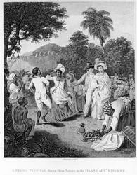 En festival på ön St. Vincent, från The History, Civil and Commercial, of the British Colonies in the West Indies av Bryan Edwards, graverad av Philipp Audinet, reviderad upplaga av 1794 (eng.