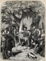 En grupp oliktänkande i Norfolk under Robert Ketts uppror 1549 - revolt i Norfolk, England under Edward VI:s regeringstid - Ket the Tanner (1492-1549) Haranguing sina anhängare under reformationens ek - gravyr från "" History of England" ”b