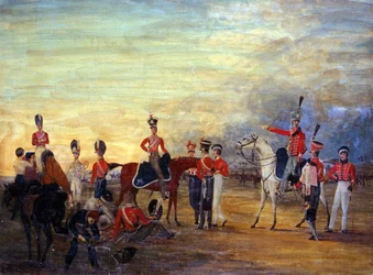 En grupp på- och avstigningsofficerare och män från Yorkshire Yeomanry i olika klädordningar, ca 1820