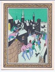 Ett handfärgat franskt Pochoir julkort av en parad av musiker som uppträder i vallarna till ett slott, cirka 1920
