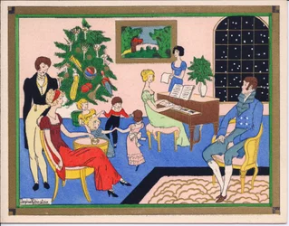 Ett handfärgat franskt Pochoir-julkort från en julfest för en Regency-familj, med dans och musikunderhållning, cirka 1920