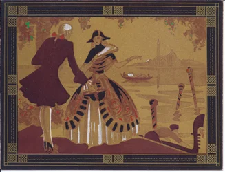 Ett handfärgat franskt Pochoir gratulationskort från en venetiansk scen, cirka 1920