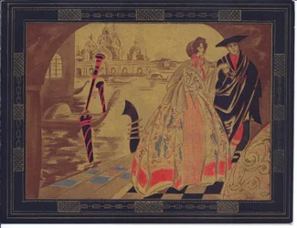 Ett handfärgat franskt Pochoir gratulationskort från en venetiansk scen, cirka 1920