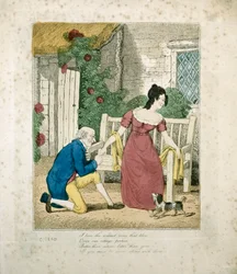 En handfärgad litografisk scen av en man som friar, c.1800