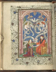 En knästående elev, kanske representerande författaren, Norton, som tar emot en bok från sin mästare, med änglar, skrivna rullar och en duva ovanför. Ordinal of Alchemy. Thomas Norton 4:e kvartalet av 1400-talet