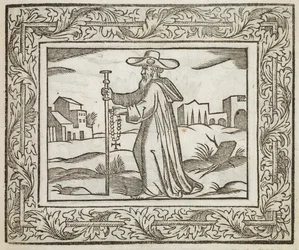 En man som håller en stav och ett krucifix, illustration från "Minerva Britanna..." av Henry Peacham den yngre