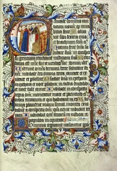 En sida från en psaltare på latin, med en historisk initial föreställande en grupp munkar som står framför en talarstol och skanderar, ca 1455