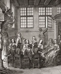 En fest på Duke of Newcastles House, frontispice till Natures Pictures av Margaret, Duchess of Newcastle, 1656, från A Short History of the English People av J. R. Green, publicerad 1893