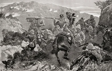 En piket av 13:e husarer överraskade nära Tugelafloden, Hussar Hill, KwaZulu-Natal-provinsen under andra boerkriget, från "Sydafrika och Transvaalkriget", av Louis Creswicke, publicerad 1900 (litho)