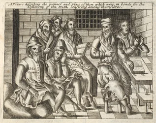En bild som beskriver sättet och platsen för dem som var i band för sanningens vittnesbörd, konfererande sinsemellan, illustration från Acts and Monuments av John Foxe, nionde upplagan, pub.