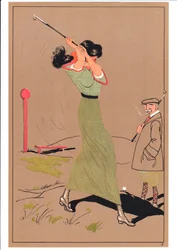 Ett tryck av två golfare i komiska och humoristiska ställningar, ca 1920